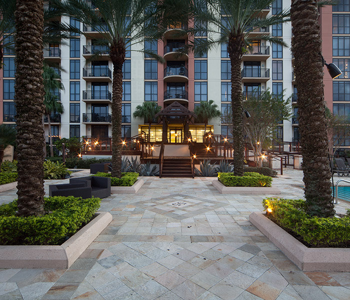 Gorgeously architected entryway exterior at 55 West Apartments