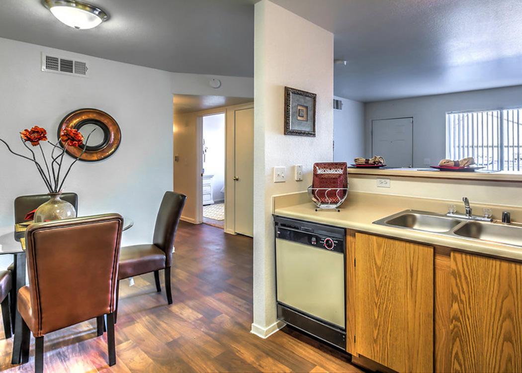 View of the living area from the kitchen at Portola Del Sol apartment in Las Vegas