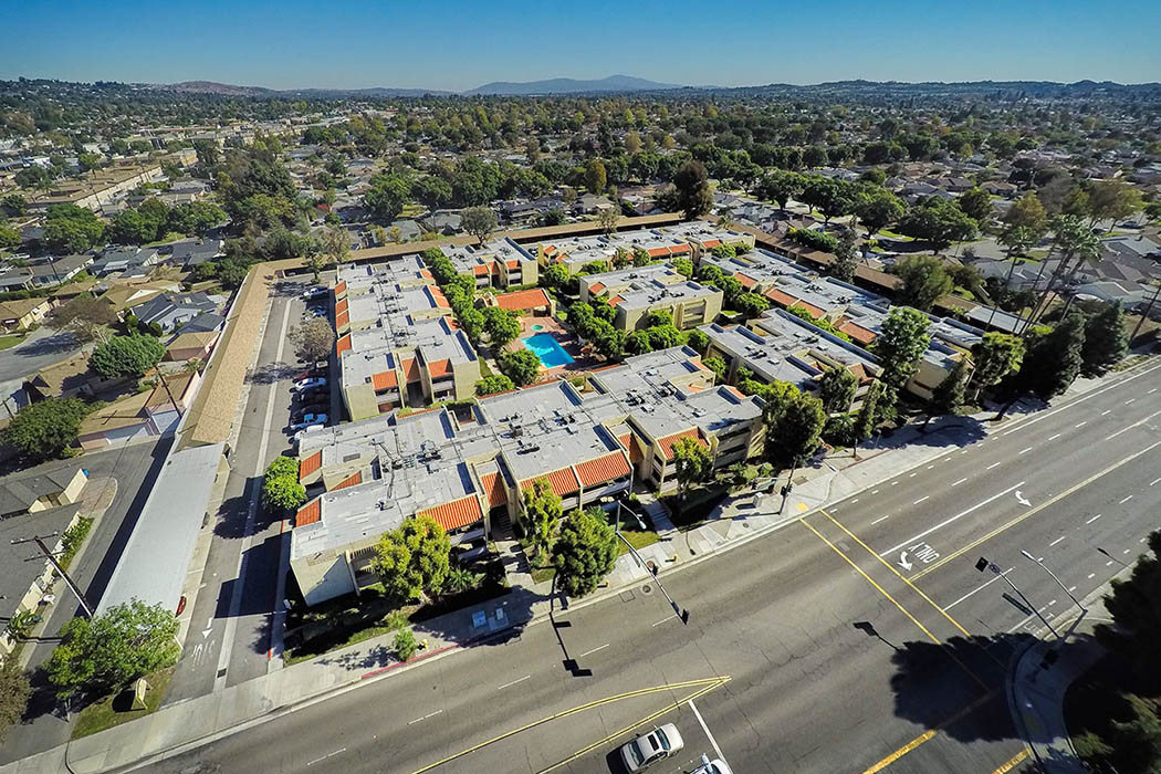 Aerial view of Kendallwood Apartments in Whittier