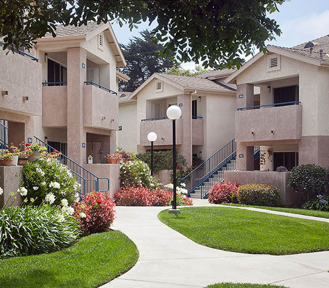 Landscaped courtyard at Cypress Meadows Senior Apartments