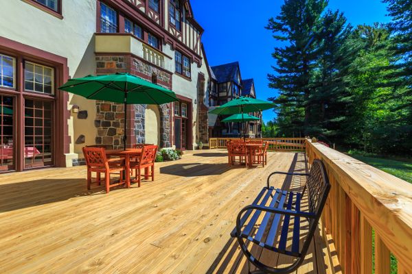 Exterior living spaces at Saranac Village at Will Rogers