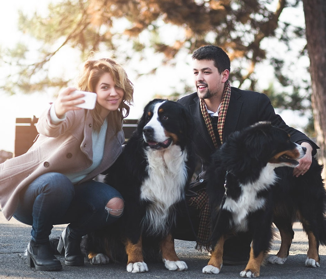 Resident couple and their dogs at Hamptons Apartments