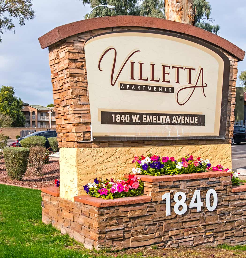 Our sign welcomes residents and guests at Villetta Apartments in Mesa, Arizona