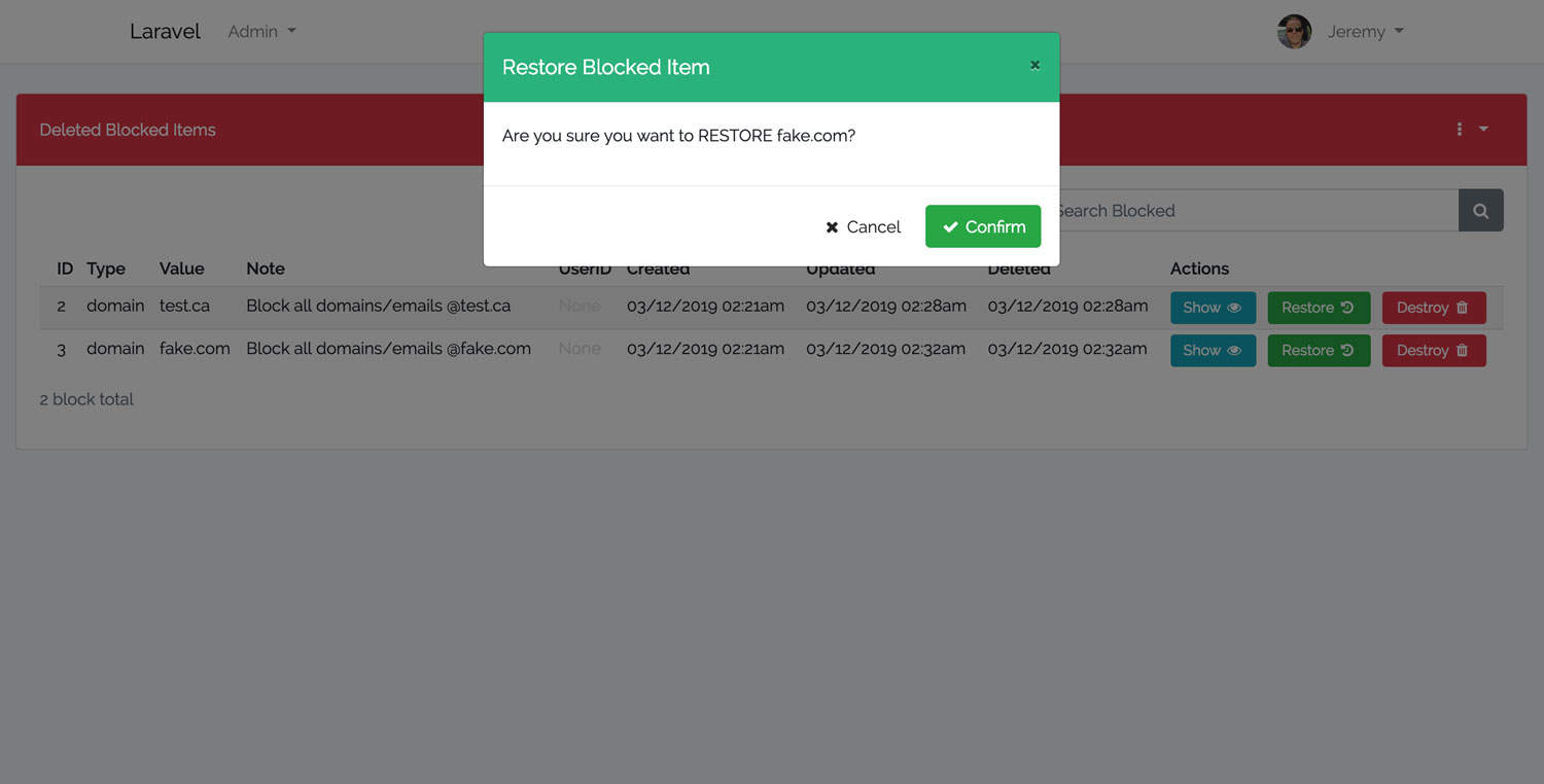 Laravel Blocker Restore Modal