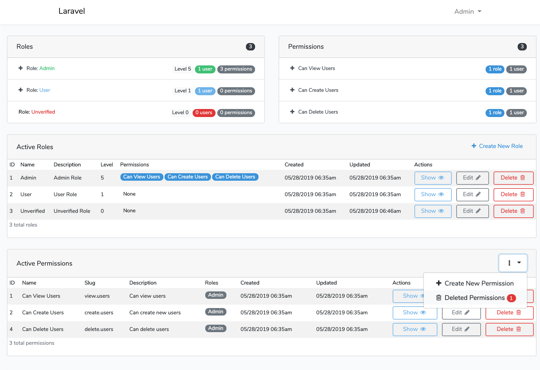 Laravel Roles GUI Permissions Dashboard