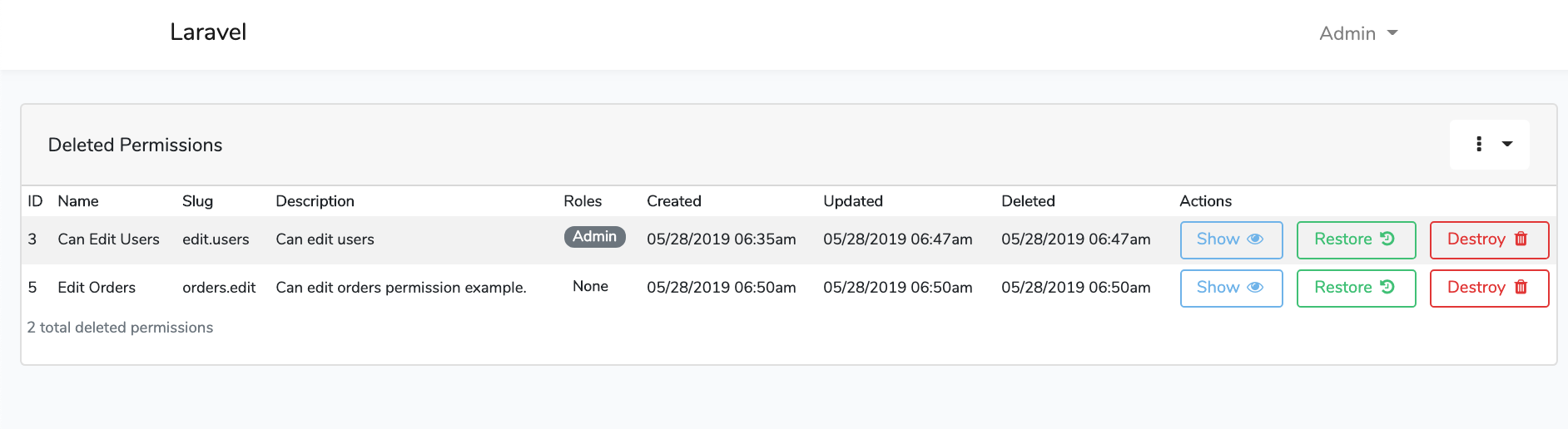 Laravel Roles GUI Roles Soft Deletes Dashboard