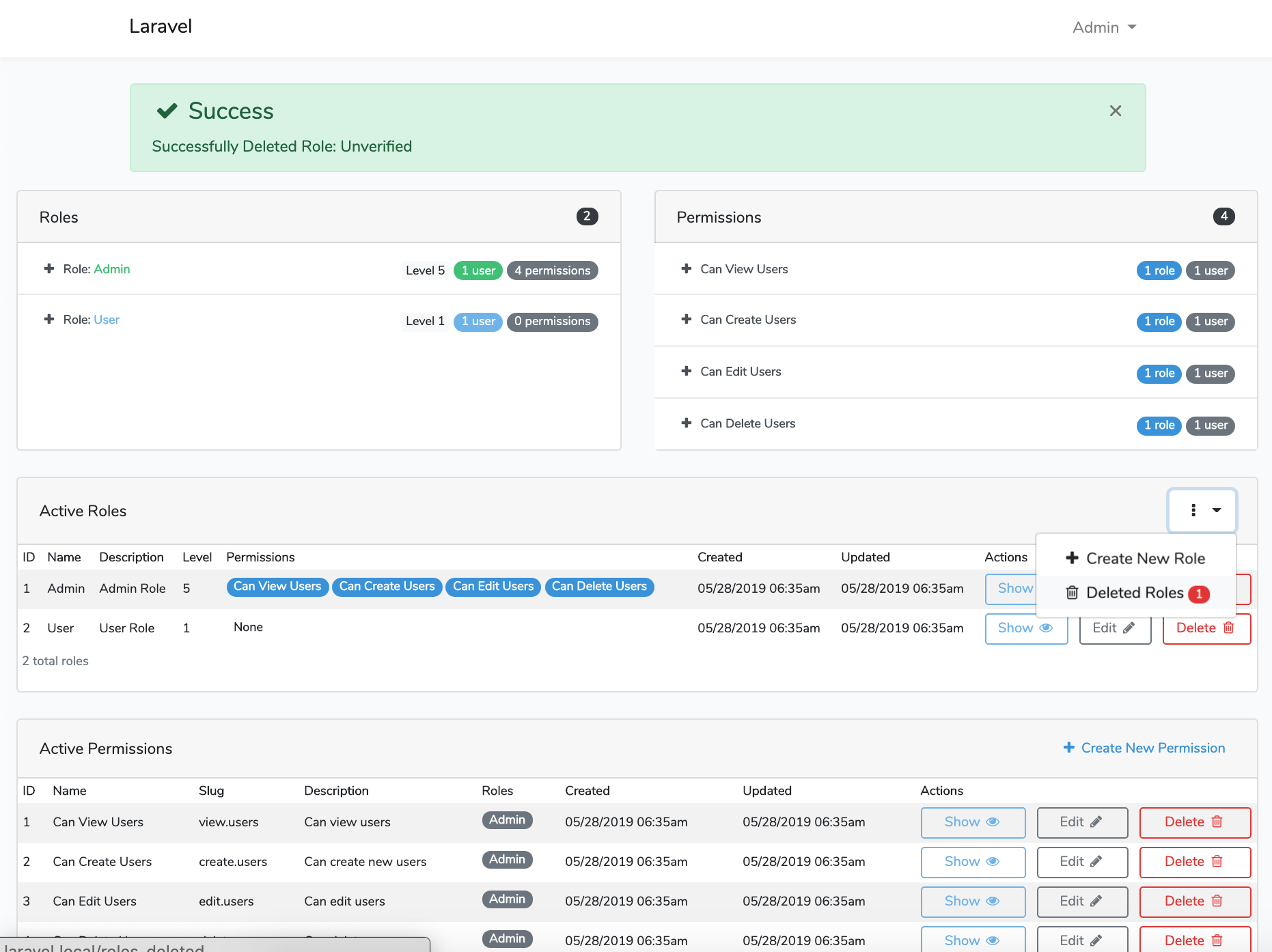 Laravel Roles GUI Success Deleted