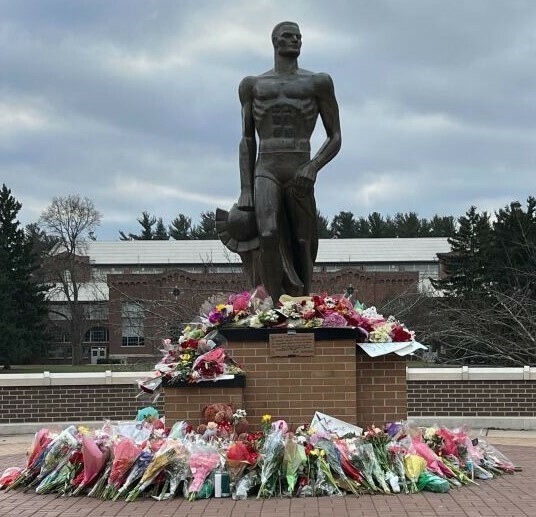 MSU Sparty statue with flowers in memory MSU Sparty statue with flowers in memory