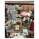 Shelf Lot with Jar, Model Building, Candlestick, a