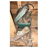 Assorted Tools in Green Container, pipe wrench