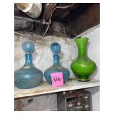 art glass lot 2 blue decanters and vase