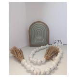 Distressed White Wood Bead Garland with Tassels an
