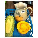 CERAMIC CORN DISHES, PITCHER, JUICER