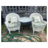 PAIR OF WHITE RESIN WICKER CHAIRS, CUSHIONS