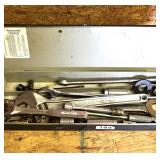 VINTAGE METAL BOX WITH WRENCHES, SOCKETS