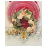 FLORAL WREATH AND WREATH BOX & 4 PAINTED GLASSES