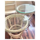 PAIR VTG CREAM HENRY LINK RATTAN TABLES,GLASS TOP