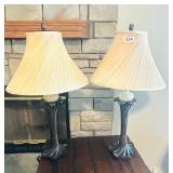 PAIR OF BROWN BASE LAMOS, SWIRL LAMP SHADES
