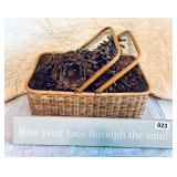 LARGE BASKET FULL OF PINECONES & BEACH SIGN