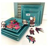 MEXICAN TIN FOLK ART ORNAMENTS, SQUARE TEAL PLATES