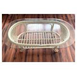 VINTAGE CREAM HENRY LINK RATTAN OVAL GLASS TABLE