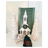 CHRISTMAS DECOR CHURCH AND 2 WHITE TREES
