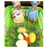 VTG HANDMADE RABBITS 1981, PAINTED DISH AND EGGS