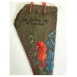 SLATE SIGN AND BLUE BOTTLE WITH FLOWERS