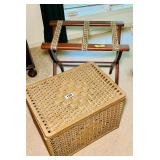 VINTAGE LUGGAGE STAND & SMALL WICKER TRUNK
