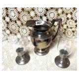 SILVER PLATE  PITCHER, PAIR PEWTER CANDLE HOLDERS
