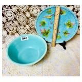 HOMER LAUFLIN APPLE TREE BOWL, MOJOLICA BIRD PLATE