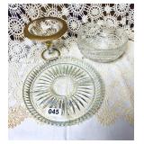 GOLD RIMMED COMPOTE, CUT CLASS BOWL, ROUND SERVER