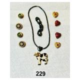 VINTAGE BUTTON COVERS, COW THEMED PIN,ETC