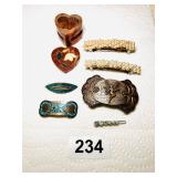 VINTAGE HAIR CLIPS, BARRETTS, INLAID HEART BOX