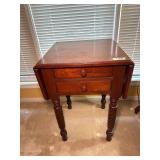 ANTIQUE DROP LEAF, 2 DRAWER STAND, TURN LEGS