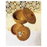 2 VINTAGE HANDMADE PINE NEEDLE BASKETS & LIDS