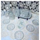 AMERICAN BRILLIANT CUT BUTTER DISH, COASTERS,BELL