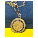 VINTAGE 10 PESOS COIN METAOL BEZEL PENDANT-CHAIN