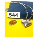 VINTAGE PUFFED HEART PENDANT AND AMBER BROOCH