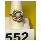 VINTAGE 14K YELLOW GOLD PEARL & DIAMOND RING