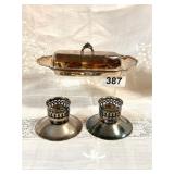 VINTAGE SILVERPLATE BUTTER DISH & CANDLE HOLDERS