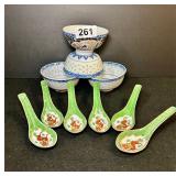 VINTAGE ASIAN RICE BOWLS, ASIAN DRAGON SOUP SPOONS