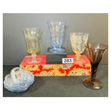 4VTG  ETECHED WINE GLASSES, ALL DIFFERENT-2 NAPPYS