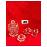 CRYSTAL MUSTARD JAR, KNIFE REST, SALT