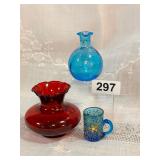 VTG BOHO GLASS MUG, BLUE VASE & RED VASE