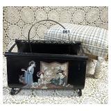 VTG TOLE PAINTED METAL MAG STAND, BLUE FOOTSTOOL