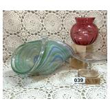 ETCHED COMPOTE, MULTI COLOR SWIRL ART GLASS, ETC