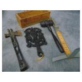 Misc VTG Cheese Box, Trivet, Gavel, Tomahawk Crate