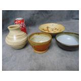 Three Pottery Bowls & Pottery Vase