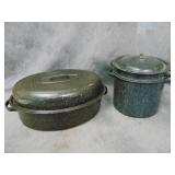 2 VTG Enamel Pans: 1 Roaster, 1 Double Boiler